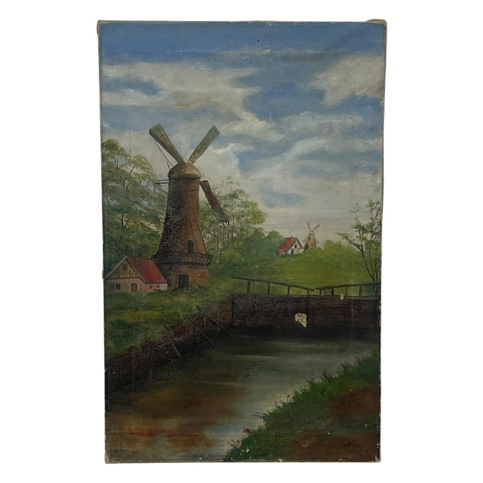 Vintage Windmill Landscape Oil Painting on Canvas, Signed, Rustic Countryside Scene