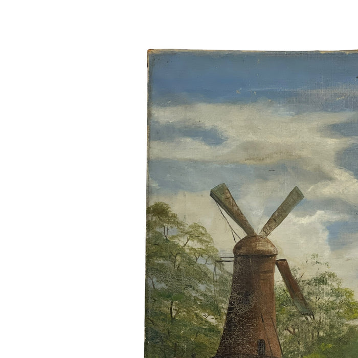 Vintage Windmill Landscape Oil Painting on Canvas, Signed, Rustic Countryside Scene