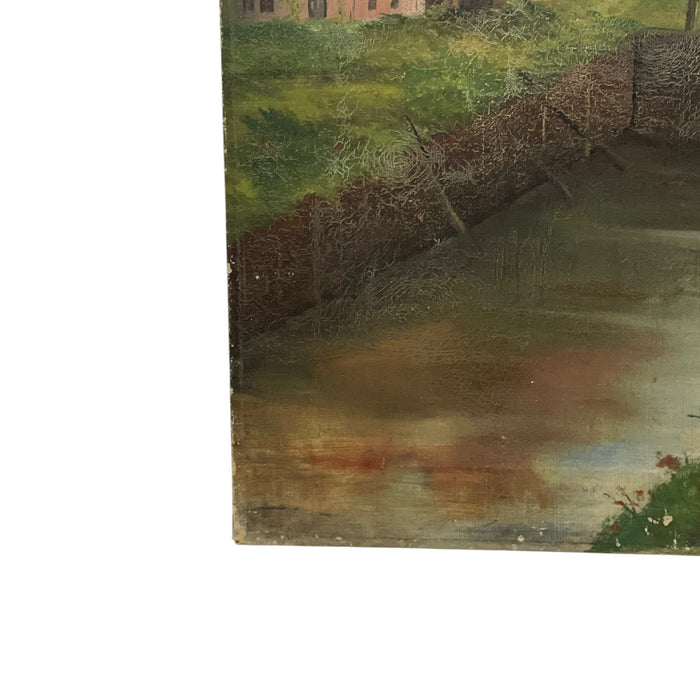 Vintage Windmill Landscape Oil Painting on Canvas, Signed, Rustic Countryside Scene