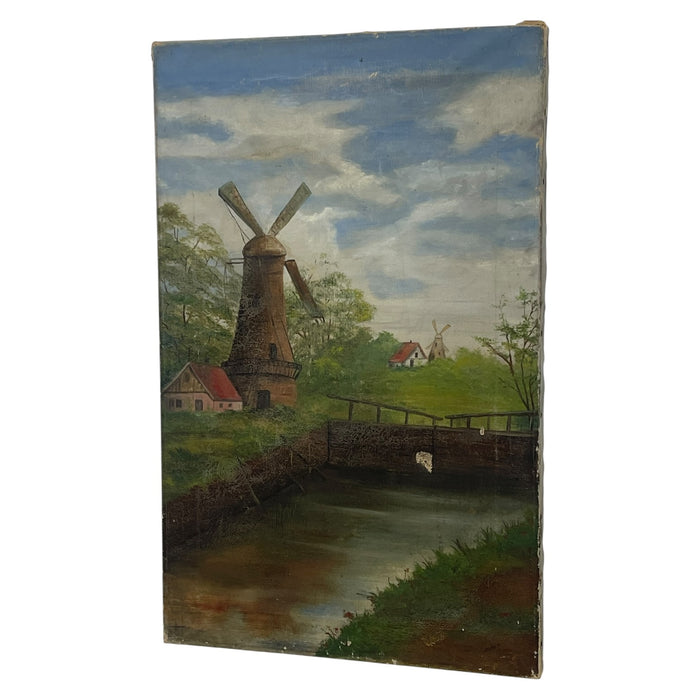 Vintage Windmill Landscape Oil Painting on Canvas, Signed, Rustic Countryside Scene