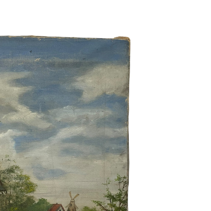 Vintage Windmill Landscape Oil Painting on Canvas, Signed, Rustic Countryside Scene