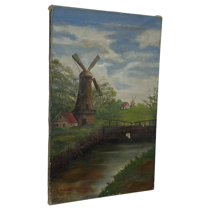 Vintage Windmill Landscape Oil Painting on Canvas, Signed, Rustic Countryside Scene
