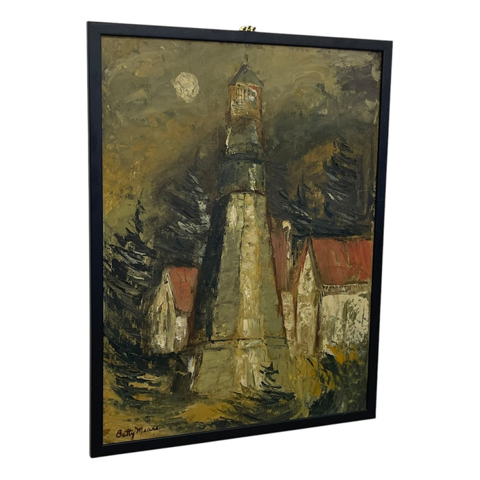Vintage Signed Lighthouse Landscape Painting by Betty, Coastal Scene, Framed Original