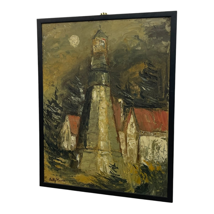 Vintage Signed Lighthouse Landscape Painting by Betty, Coastal Scene, Framed Original
