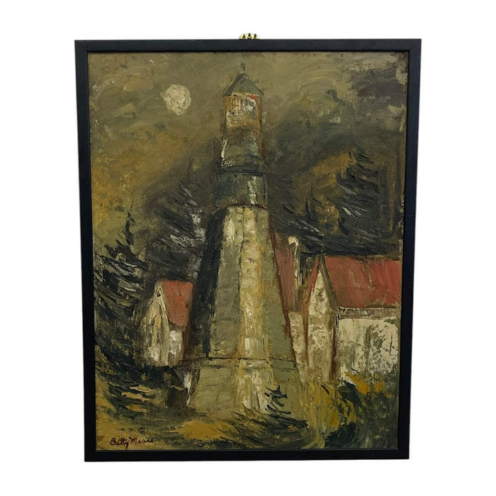 Vintage Signed Lighthouse Landscape Painting by Betty, Coastal Scene, Framed Original