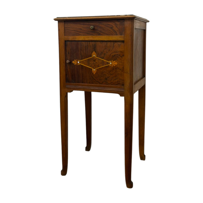 Antique Marble-Top Wooden Nightstand / Bedside Cabinet with Porcelain Interior & Inlaid Accent.