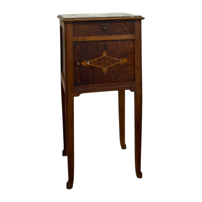 Antique Marble-Top Wooden Nightstand / Bedside Cabinet with Porcelain Interior & Inlaid Accent.