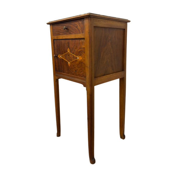 Antique Marble-Top Wooden Nightstand / Bedside Cabinet with Porcelain Interior & Inlaid Accent.