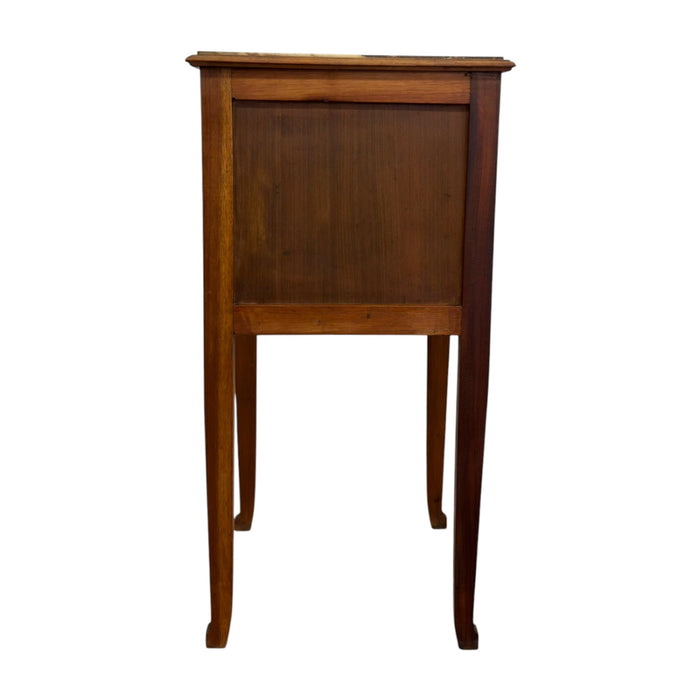 Antique Marble-Top Wooden Nightstand / Bedside Cabinet with Porcelain Interior & Inlaid Accent.