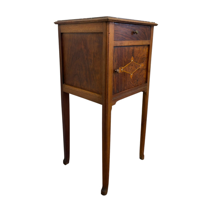 Antique Marble-Top Wooden Nightstand / Bedside Cabinet with Porcelain Interior & Inlaid Accent.