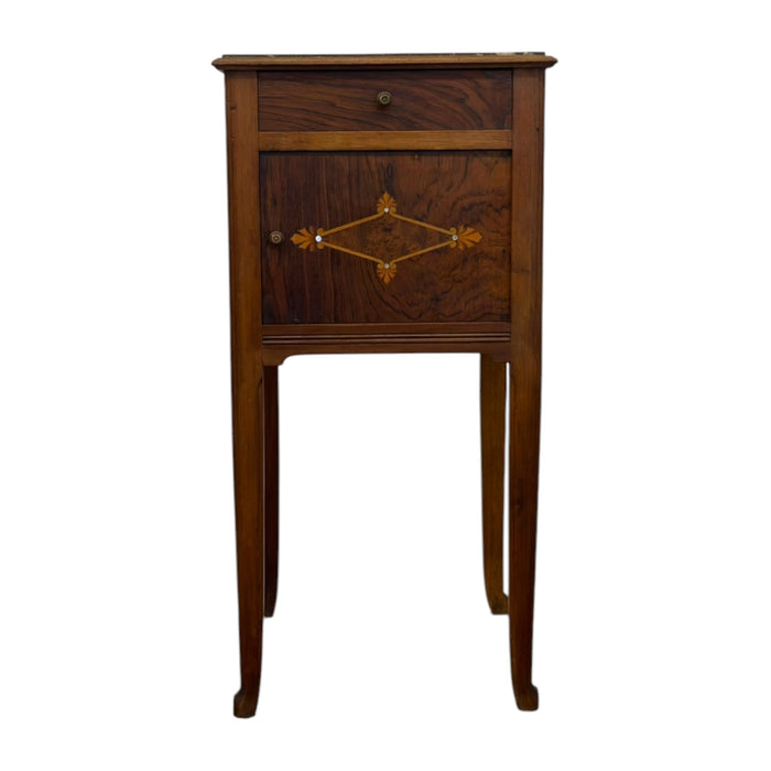 Antique Marble-Top Wooden Nightstand / Bedside Cabinet with Porcelain Interior & Inlaid Accent.