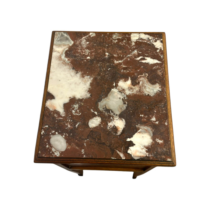 Antique Marble-Top Wooden Nightstand / Bedside Cabinet with Porcelain Interior & Inlaid Accent.