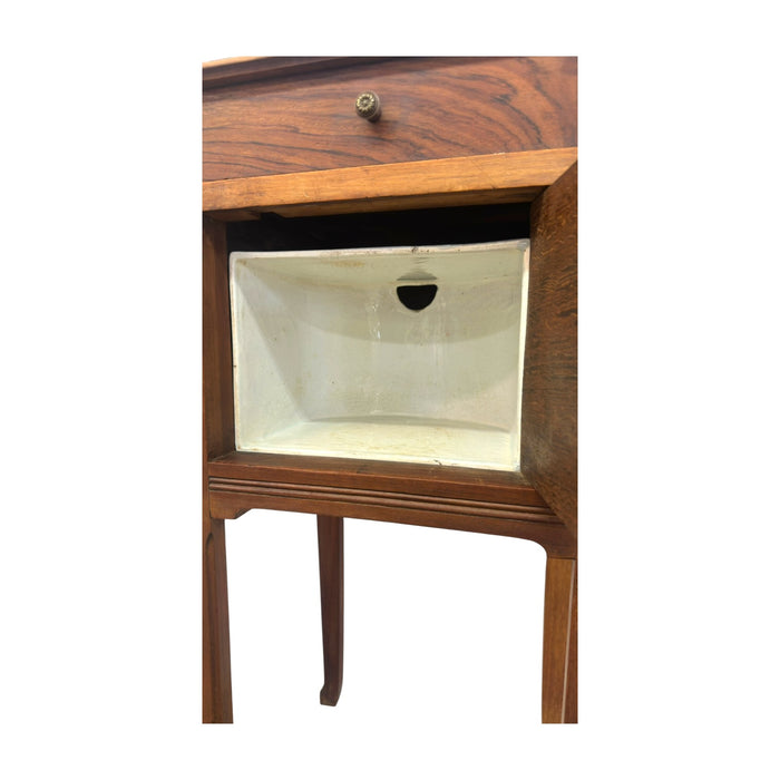 Antique Marble-Top Wooden Nightstand / Bedside Cabinet with Porcelain Interior & Inlaid Accent.