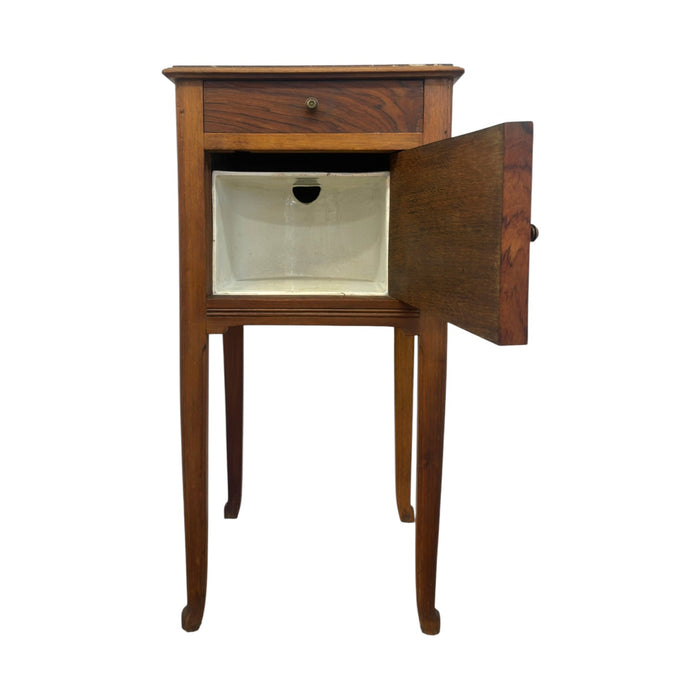 Antique Marble-Top Wooden Nightstand / Bedside Cabinet with Porcelain Interior & Inlaid Accent.