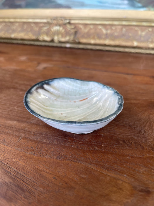 Vintage Japanese Shell-Form Celadon Glazed Pottery Dish with Crackle Finish