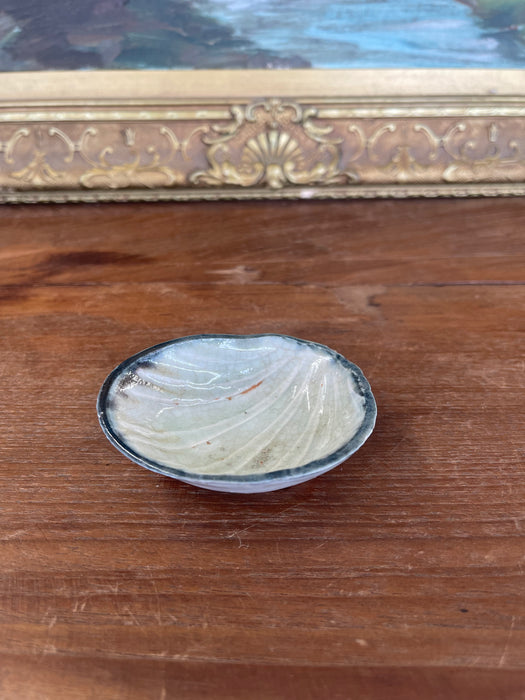 Vintage Japanese Shell-Form Celadon Glazed Pottery Dish with Crackle Finish