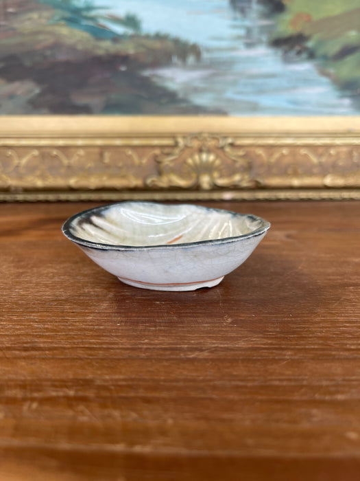 Vintage Japanese Shell-Form Celadon Glazed Pottery Dish with Crackle Finish