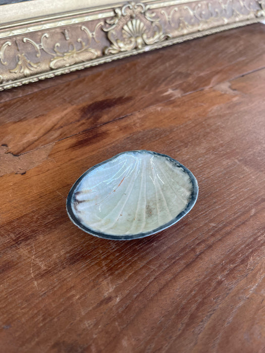 Vintage Japanese Shell-Form Celadon Glazed Pottery Dish with Crackle Finish