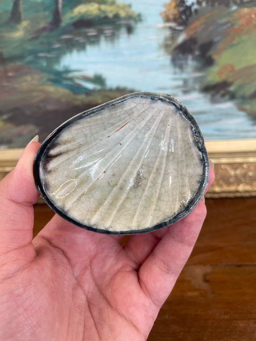 Vintage Japanese Shell-Form Celadon Glazed Pottery Dish with Crackle Finish