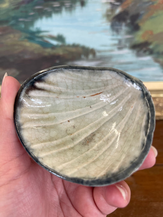Vintage Japanese Shell-Form Celadon Glazed Pottery Dish with Crackle Finish