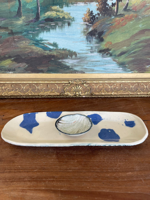 Vintage Japanese Shell-Form Celadon Glazed Pottery Dish with Crackle Finish