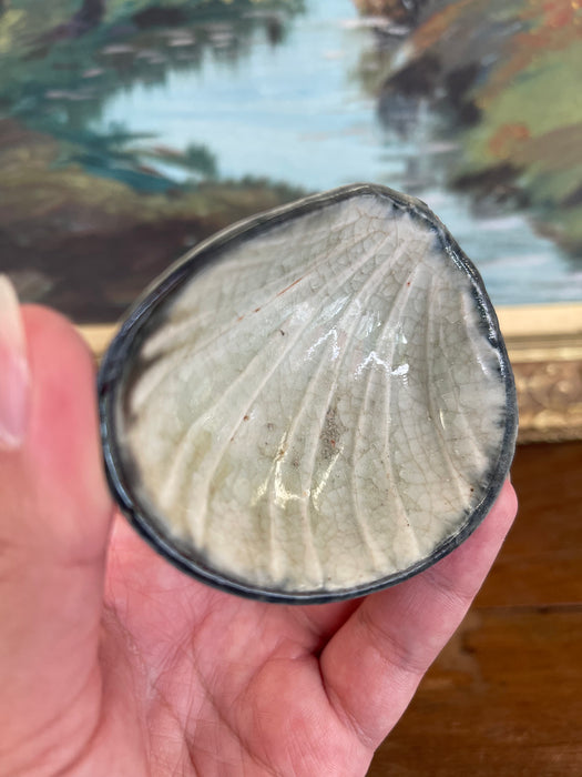 Vintage Japanese Shell-Form Celadon Glazed Pottery Dish with Crackle Finish