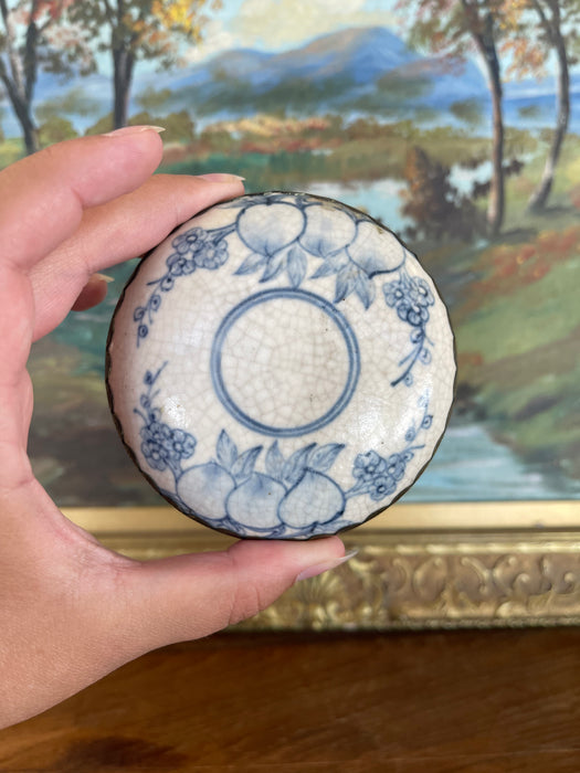 Possibly Antique Chinese Blue and White Porcelain Lidded Box with Bronze Toned Mounts, Late Qing Dynasty.