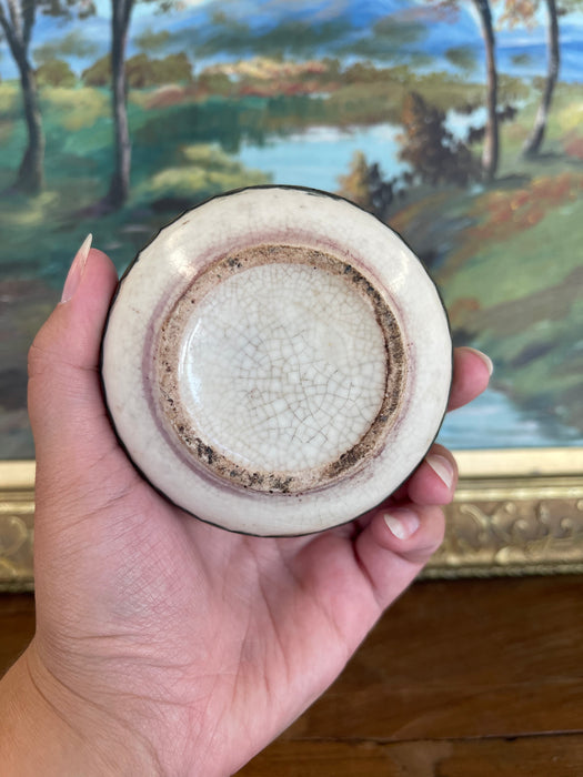 Possibly Antique Chinese Blue and White Porcelain Lidded Box with Bronze Toned Mounts, Late Qing Dynasty.