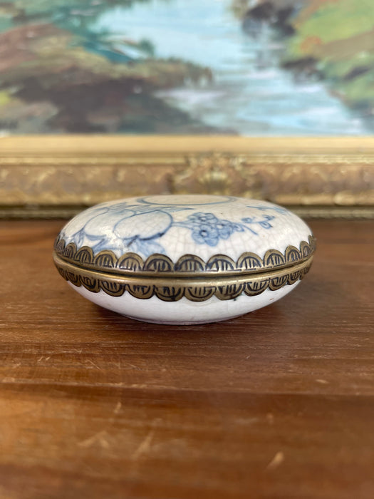 Possibly Antique Chinese Blue and White Porcelain Lidded Box with Bronze Toned Mounts, Late Qing Dynasty.