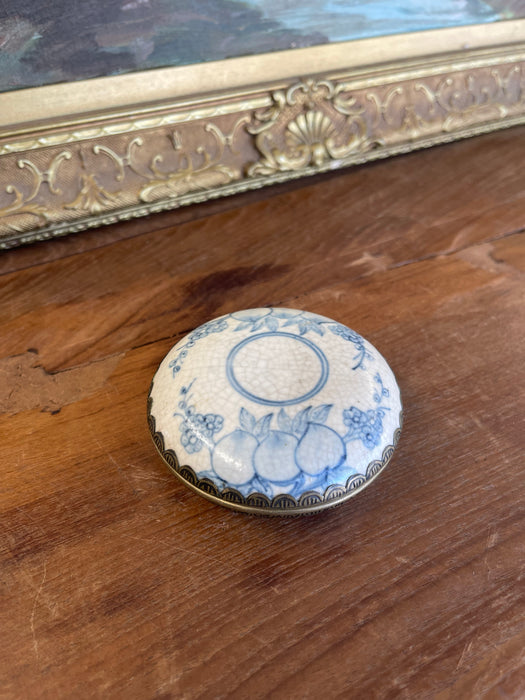 Possibly Antique Chinese Blue and White Porcelain Lidded Box with Bronze Toned Mounts, Late Qing Dynasty.