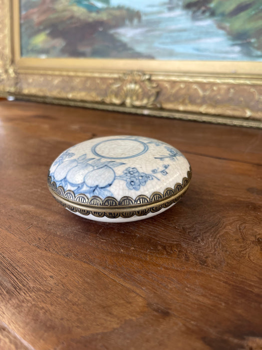 Possibly Antique Chinese Blue and White Porcelain Lidded Box with Bronze Toned Mounts, Late Qing Dynasty.