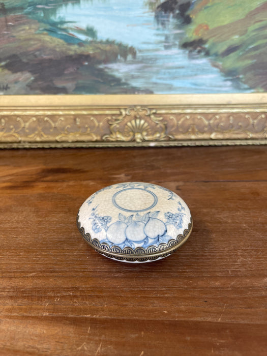Possibly Antique Chinese Blue and White Porcelain Lidded Box with Bronze Toned Mounts, Late Qing Dynasty.