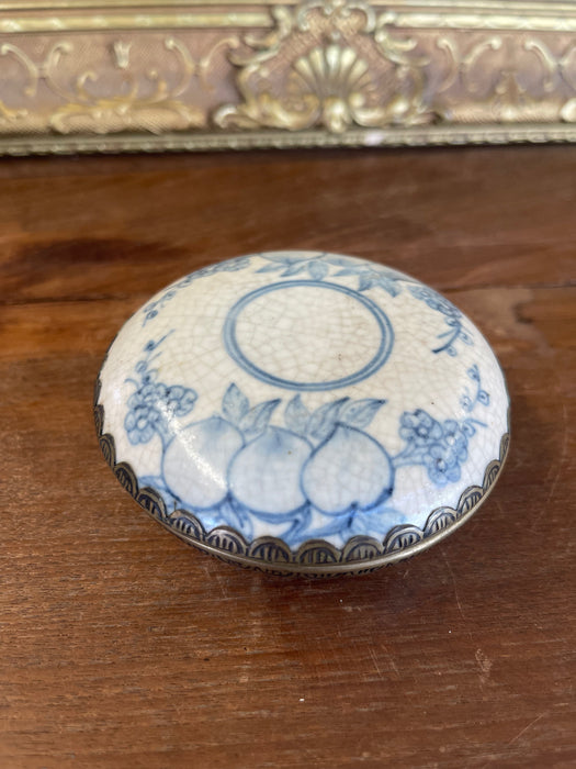 Possibly Antique Chinese Blue and White Porcelain Lidded Box with Bronze Toned Mounts, Late Qing Dynasty.