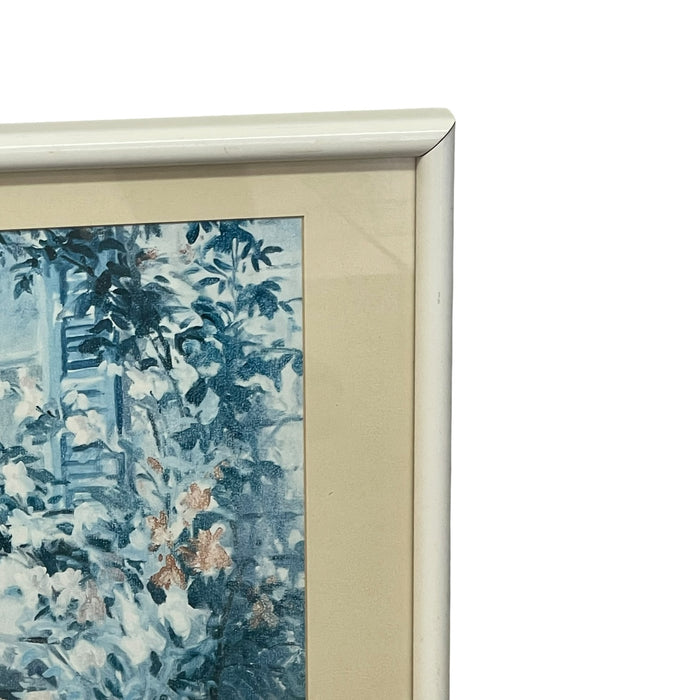 Vintage Coastal Cottage Garden Landscape Print with Ocean View, Framed