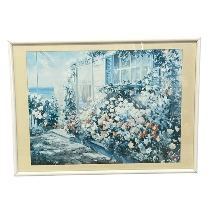 Vintage Coastal Cottage Garden Landscape Print with Ocean View, Framed