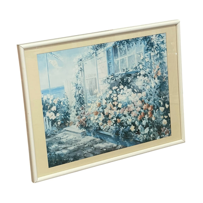 Vintage Coastal Cottage Garden Landscape Print with Ocean View, Framed