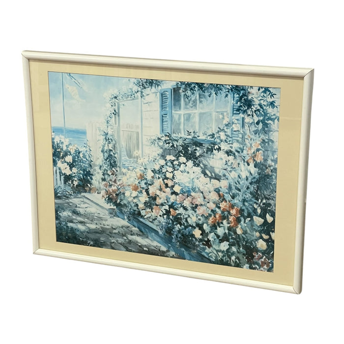 Vintage Coastal Cottage Garden Landscape Print with Ocean View, Framed