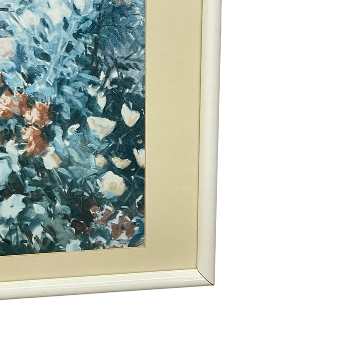 Vintage Coastal Cottage Garden Landscape Print with Ocean View, Framed