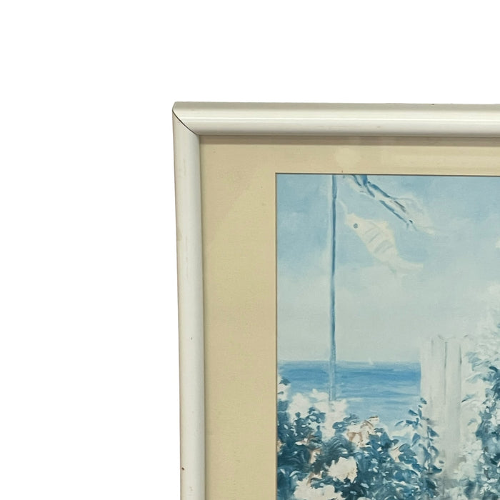 Vintage Coastal Cottage Garden Landscape Print with Ocean View, Framed