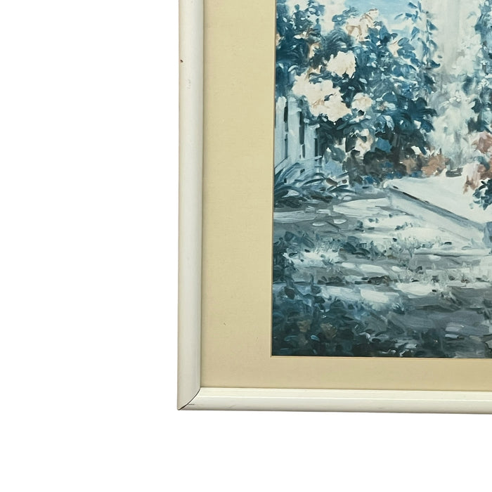Vintage Coastal Cottage Garden Landscape Print with Ocean View, Framed