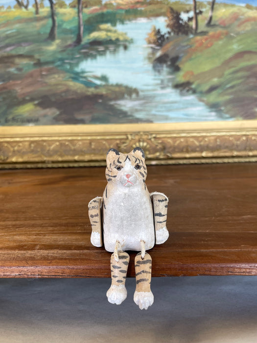 Hand-Carved Articulated Wooden Tiger or Cat Figurine with Painted Details