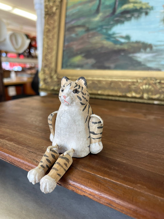 Hand-Carved Articulated Wooden Tiger or Cat Figurine with Painted Details