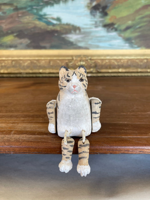 Hand-Carved Articulated Wooden Tiger or Cat Figurine with Painted Details
