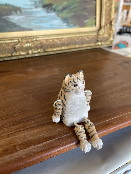 Hand-Carved Articulated Wooden Tiger or Cat Figurine with Painted Details