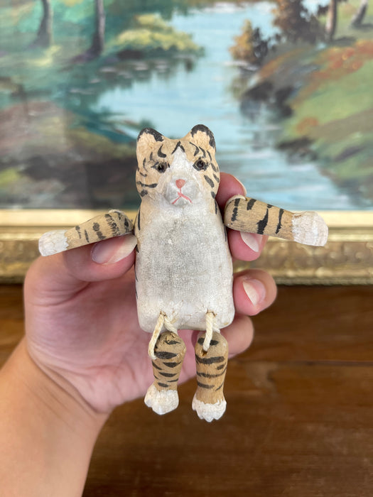 Hand-Carved Articulated Wooden Tiger or Cat Figurine with Painted Details