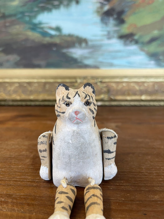 Hand-Carved Articulated Wooden Tiger or Cat Figurine with Painted Details