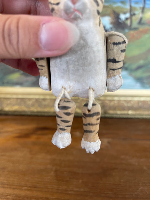Hand-Carved Articulated Wooden Tiger or Cat Figurine with Painted Details