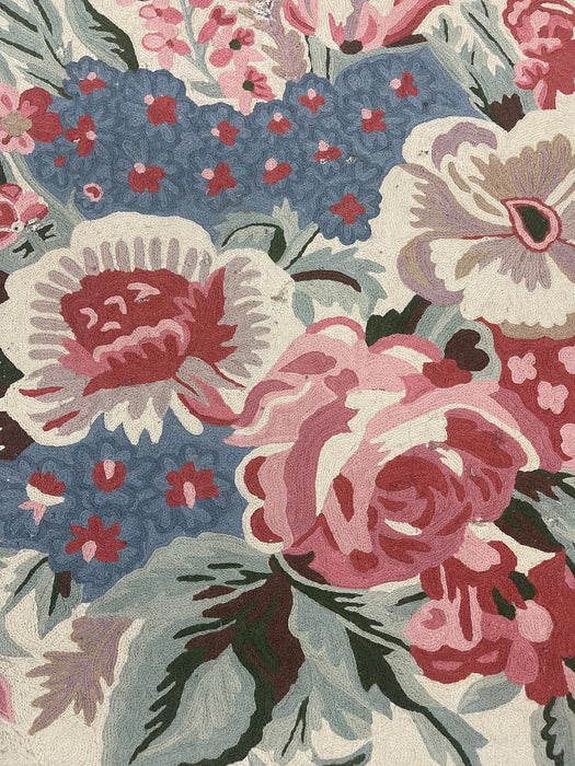 Handmade Wool Chain Stitch Floral Oval Rug in Pink and Blue, Made in India