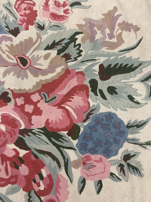 Handmade Wool Chain Stitch Floral Oval Rug in Pink and Blue, Made in India