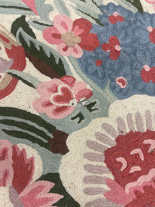 Handmade Wool Chain Stitch Floral Oval Rug in Pink and Blue, Made in India